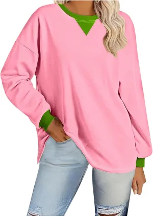Plus Size Tops for Women Casual Long Sleeve Hoodie Round Neck Color Block Sweatshirts Daily Trendy Pullover Top