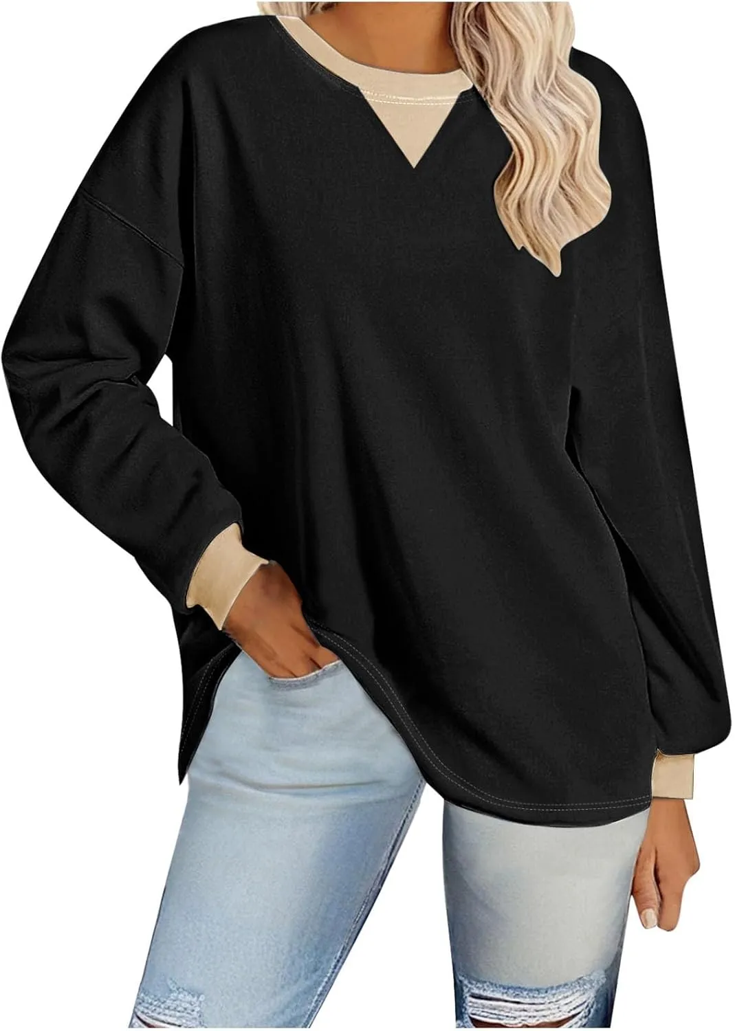 Plus Size Tops for Women Casual Long Sleeve Hoodie Round Neck Color Block Sweatshirts Daily Trendy Pullover Top
