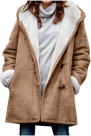 Plus Size Winter Coats For Women 2024 Warm Sherpa Fleece Lined Jackets Horn Button Hooded Suede Pea Coat Outerwear