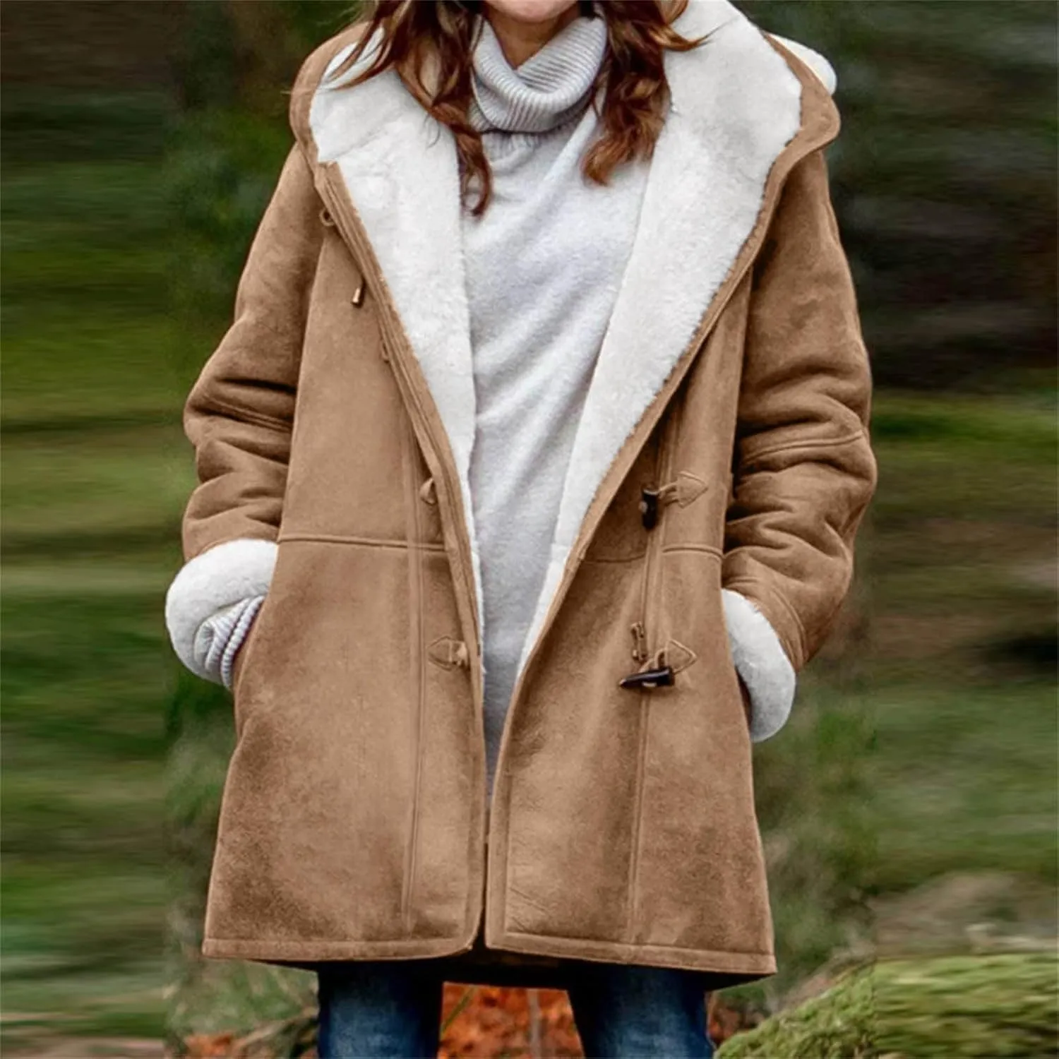 Plus Size Winter Coats For Women 2024 Warm Sherpa Fleece Lined Jackets Horn Button Hooded Suede Pea Coat Outerwear