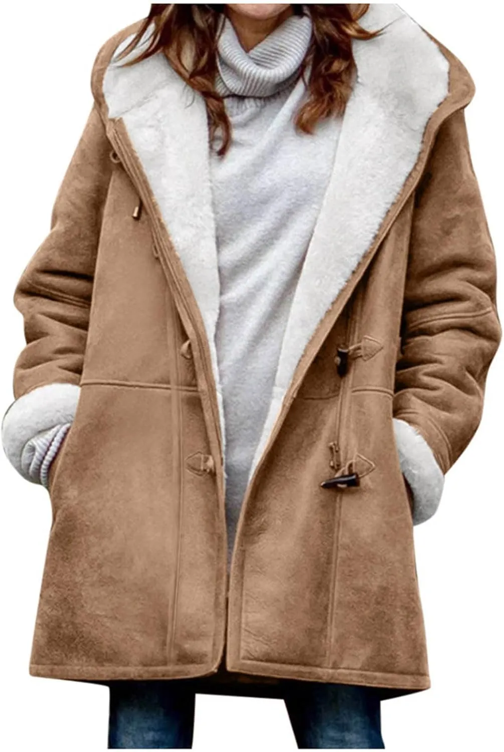 Plus Size Winter Coats For Women 2024 Warm Sherpa Fleece Lined Jackets Horn Button Hooded Suede Pea Coat Outerwear