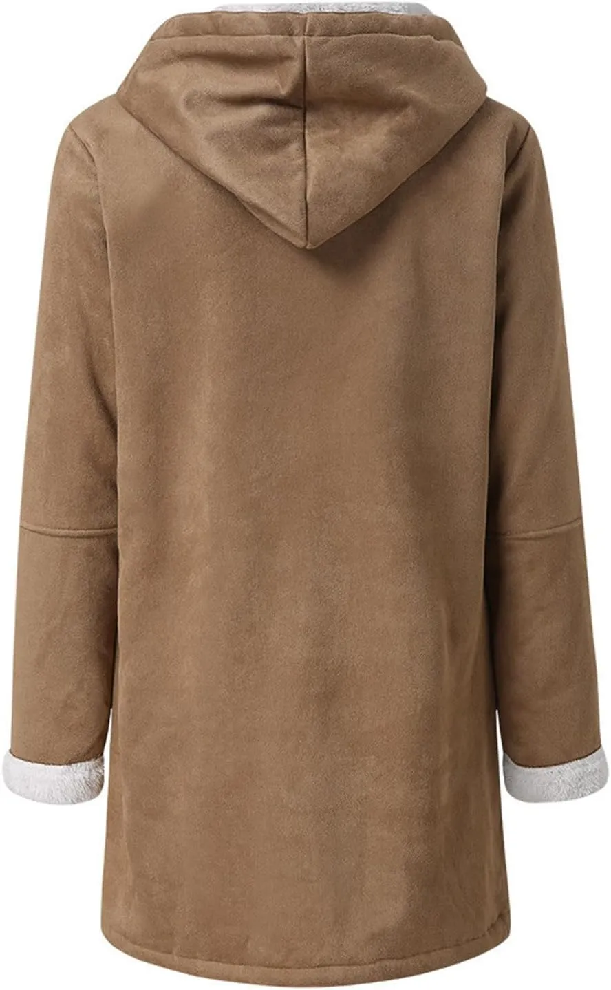 Plus Size Winter Coats For Women 2024 Warm Sherpa Fleece Lined Jackets Horn Button Hooded Suede Pea Coat Outerwear
