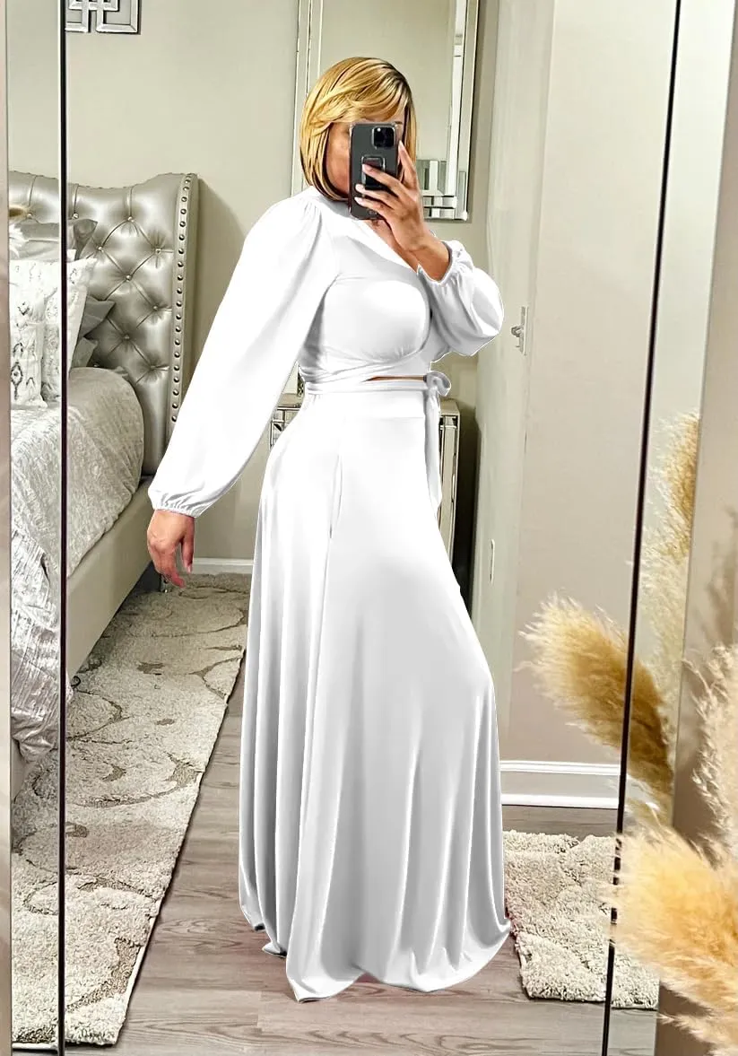 Plus Size Women's 2 Piece Outfits Casual Long Sleeve Wrap Crop Top Maxi Long Dress Flowy Matching Sets