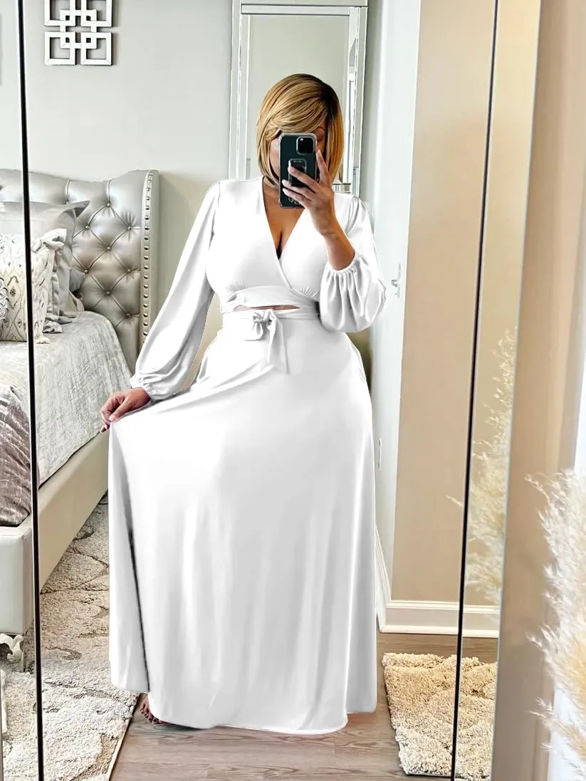 Plus Size Women's 2 Piece Outfits Casual Long Sleeve Wrap Crop Top Maxi Long Dress Flowy Matching Sets