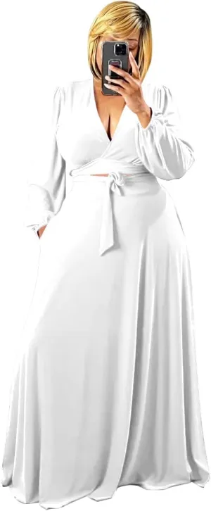 Plus Size Women's 2 Piece Outfits Casual Long Sleeve Wrap Crop Top Maxi Long Dress Flowy Matching Sets
