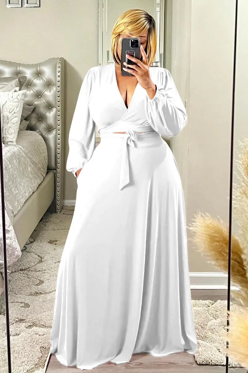 Plus Size Women's 2 Piece Outfits Casual Long Sleeve Wrap Crop Top Maxi Long Dress Flowy Matching Sets