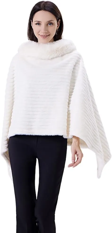 Ponchos for Women Shawls and Wraps, Women Cape Winter Faux Fur Trim Coat, Chenille Faux Fur Collar Cloak, Dressy Cloak for Pa