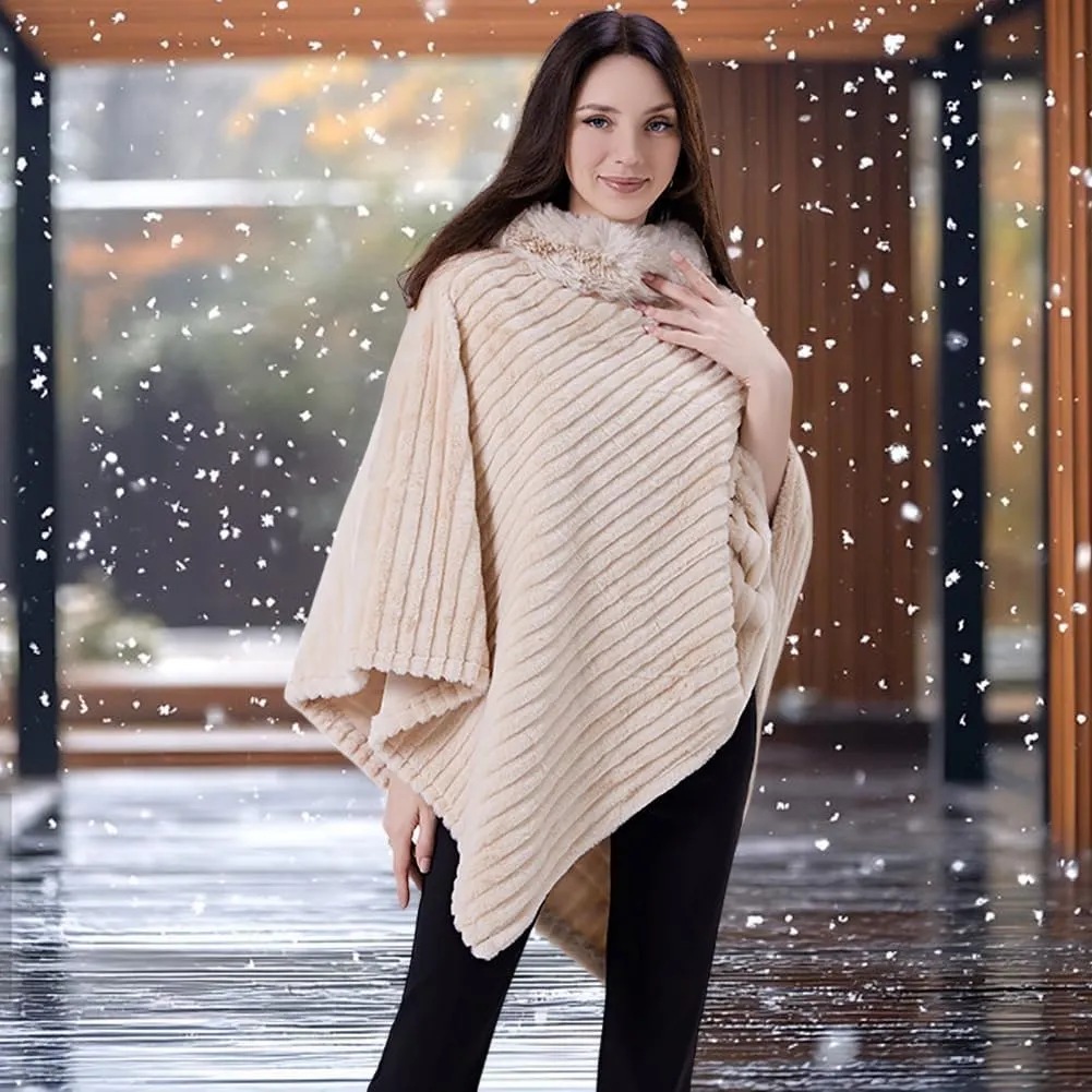 Ponchos for Women Shawls and Wraps, Women Cape Winter Faux Fur Trim Coat, Chenille Faux Fur Collar Cloak, Dressy Cloak for Pa