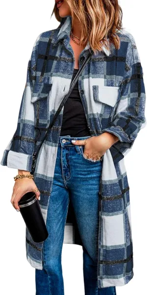 PRETTYGARDEN Women's 2025 Plaid Shacket Jacket Long Sleeve Button Down Shirts Fashion Winter Wool Coats