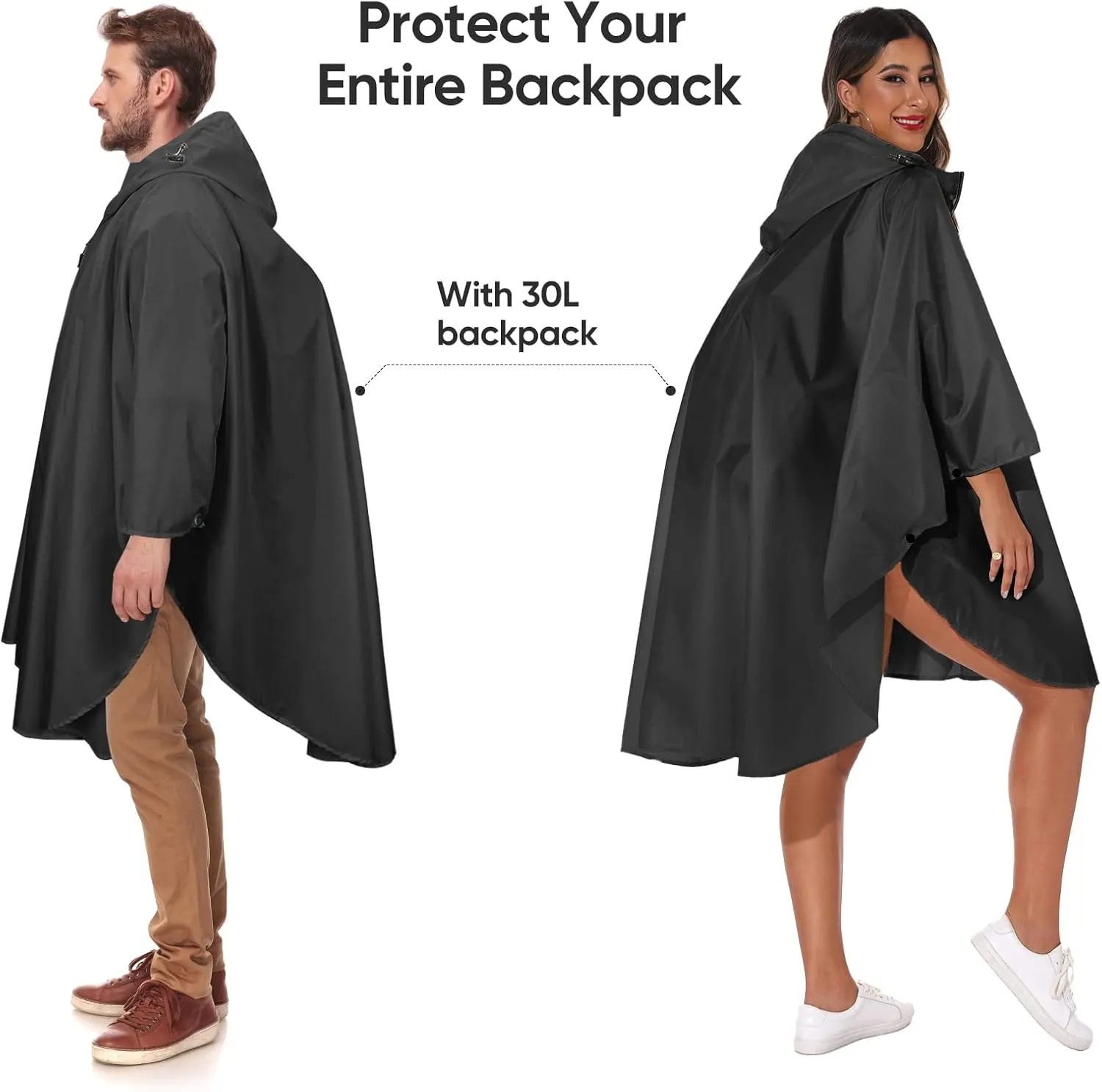 PTEROMY Hooded Rain Poncho for Adult with Pocket and Zipper, Waterproof Lightweight Raincoat for Men and Women