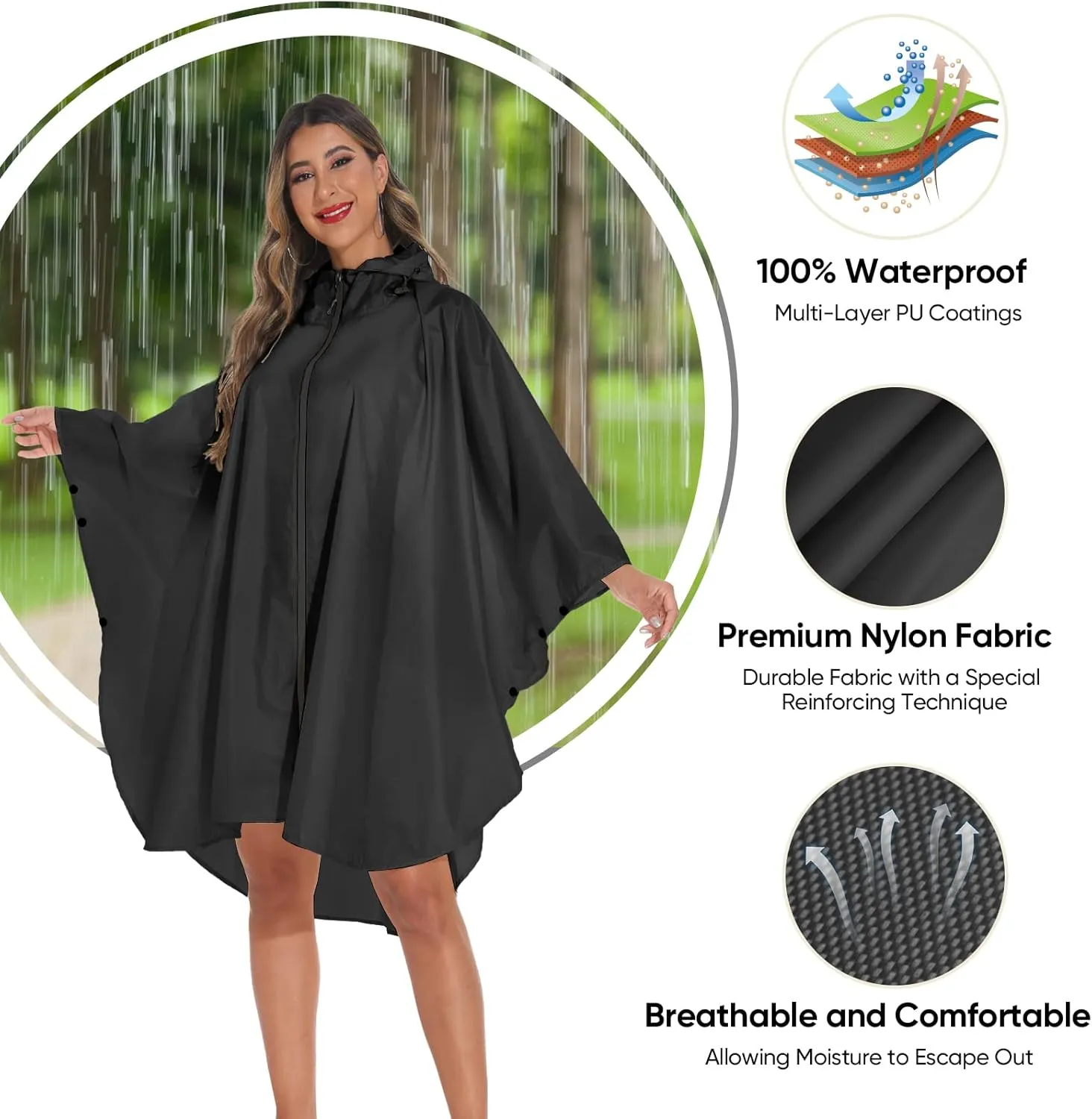 PTEROMY Hooded Rain Poncho for Adult with Pocket and Zipper, Waterproof Lightweight Raincoat for Men and Women