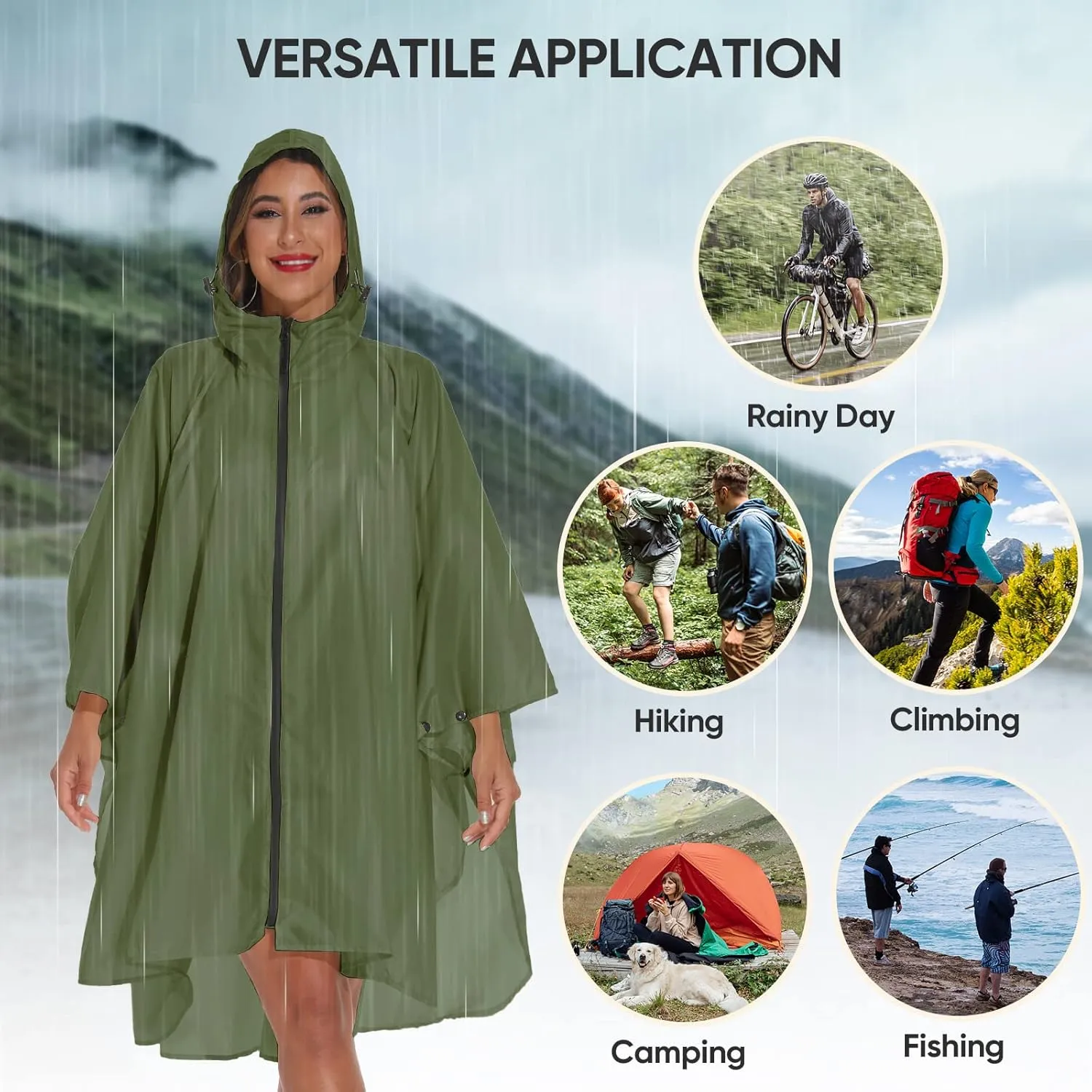 PTEROMY Hooded Rain Poncho for Adult with Pocket and Zipper, Waterproof Lightweight Raincoat for Men and Women