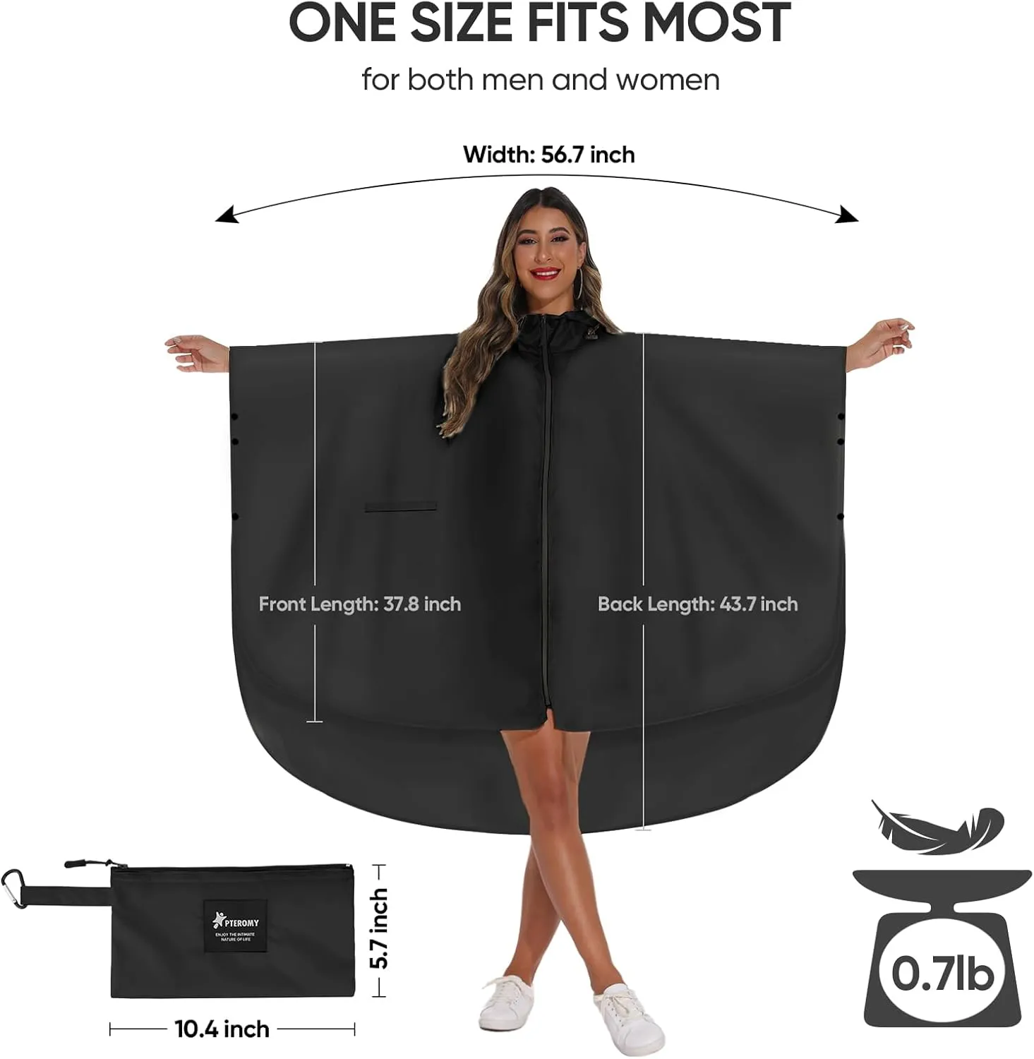 PTEROMY Hooded Rain Poncho for Adult with Pocket and Zipper, Waterproof Lightweight Raincoat for Men and Women