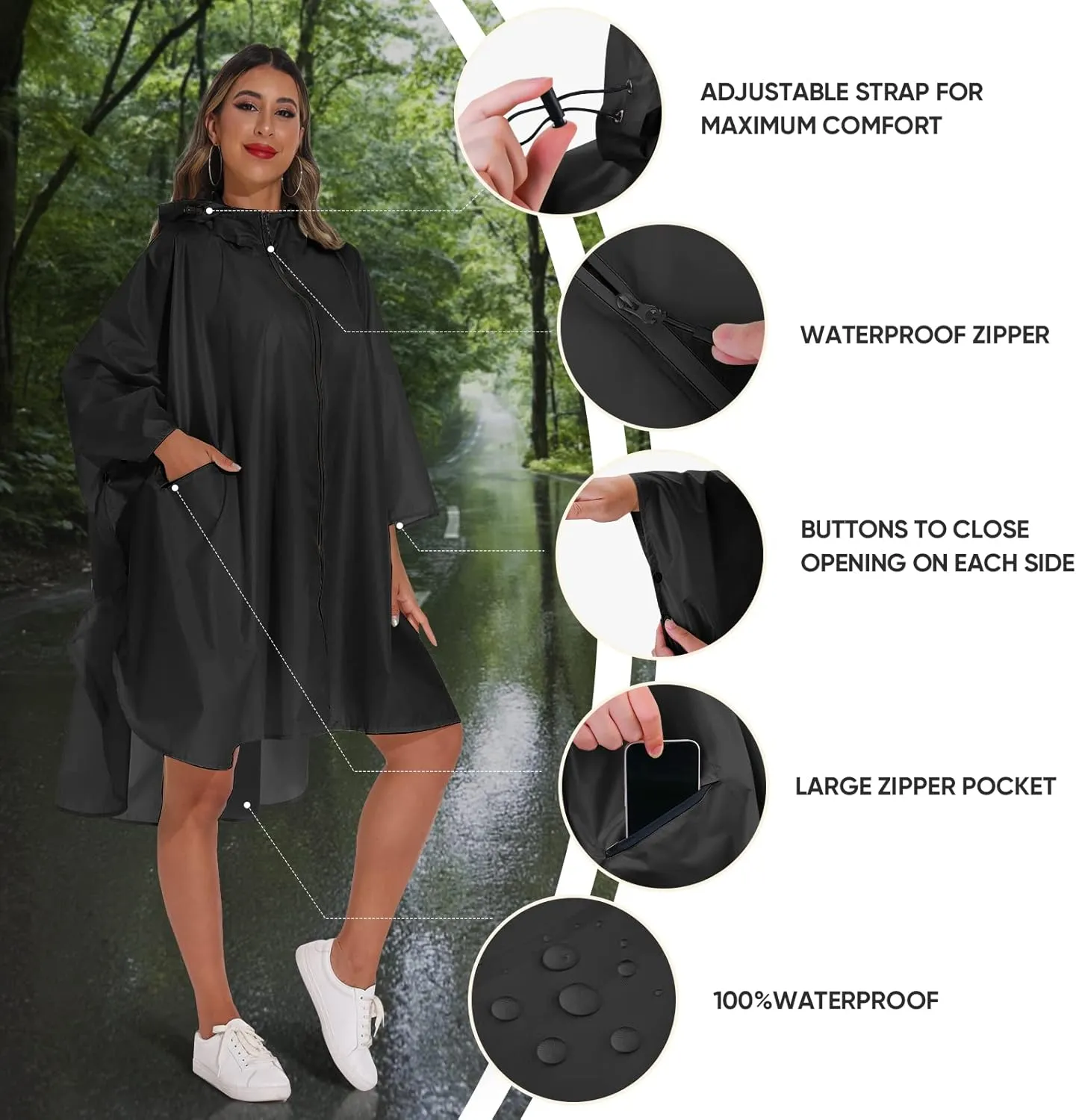PTEROMY Hooded Rain Poncho for Adult with Pocket and Zipper, Waterproof Lightweight Raincoat for Men and Women
