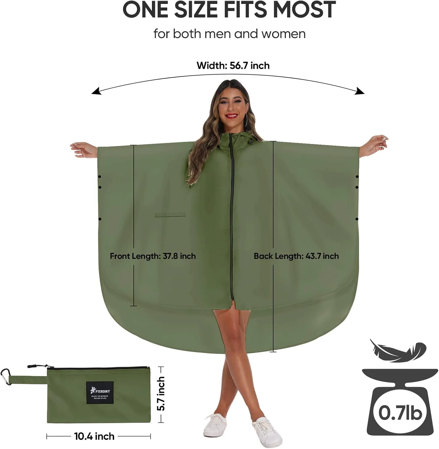 PTEROMY Hooded Rain Poncho for Adult with Pocket and Zipper, Waterproof Lightweight Raincoat for Men and Women