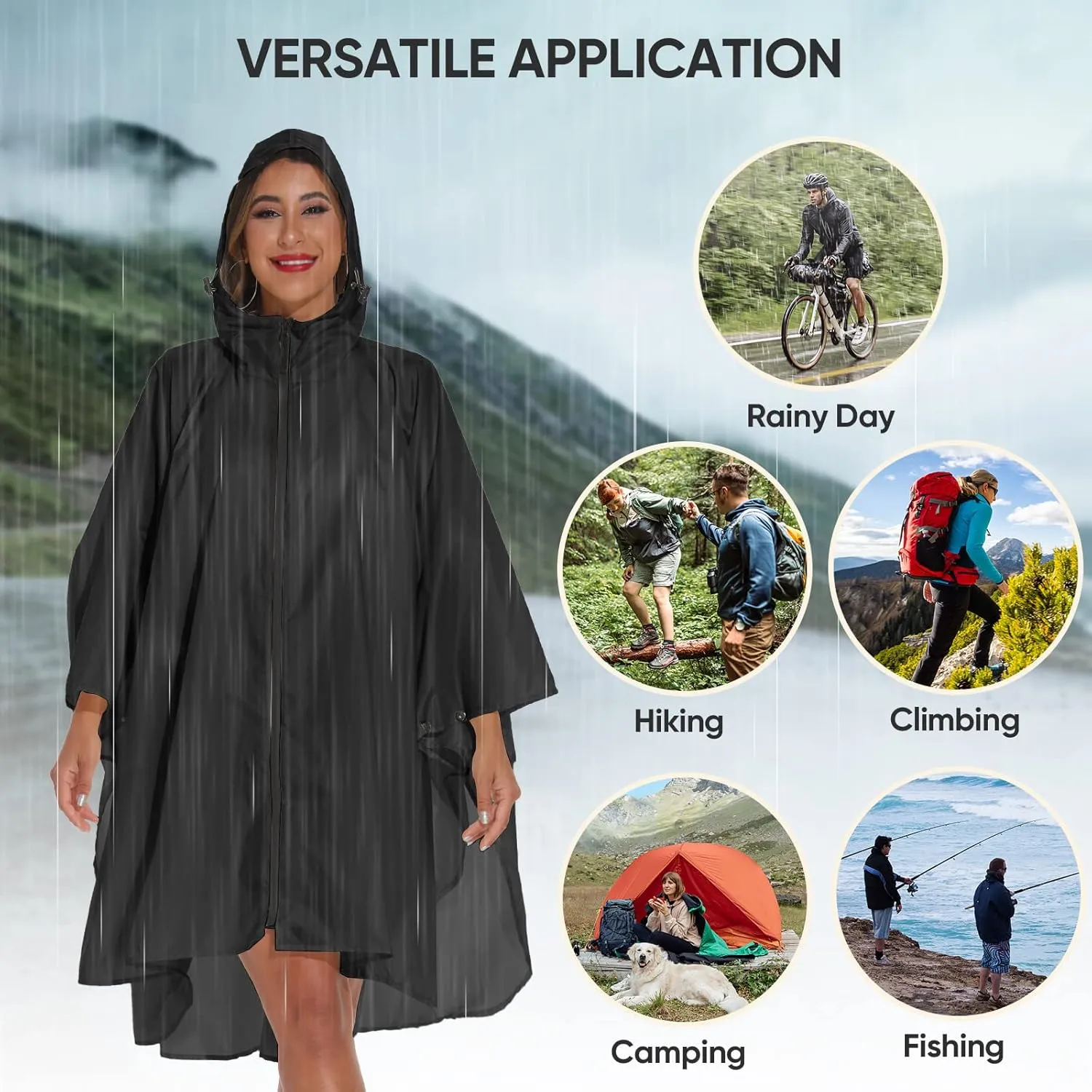 PTEROMY Hooded Rain Poncho for Adult with Pocket and Zipper, Waterproof Lightweight Raincoat for Men and Women
