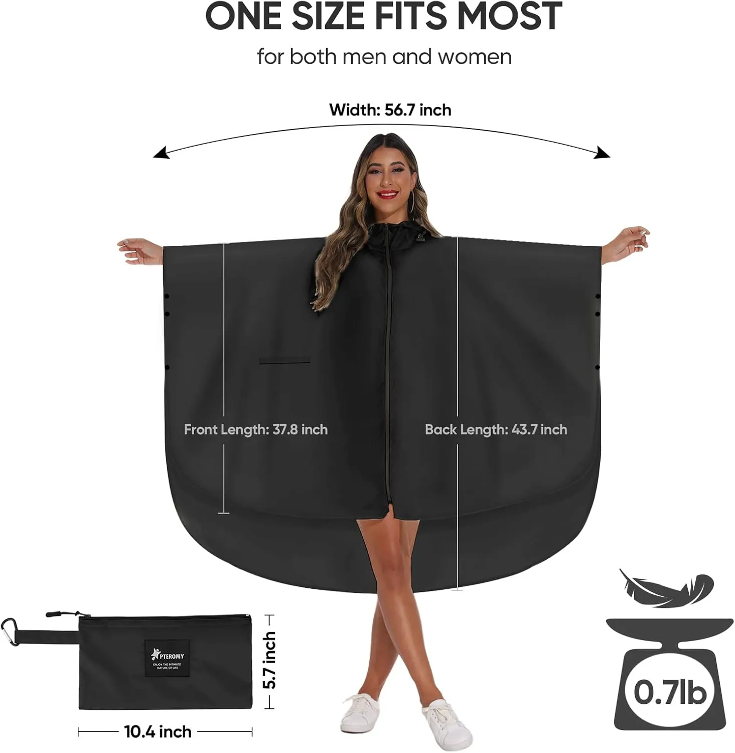 PTEROMY Hooded Rain Poncho for Adult with Pocket and Zipper, Waterproof Lightweight Raincoat for Men and Women