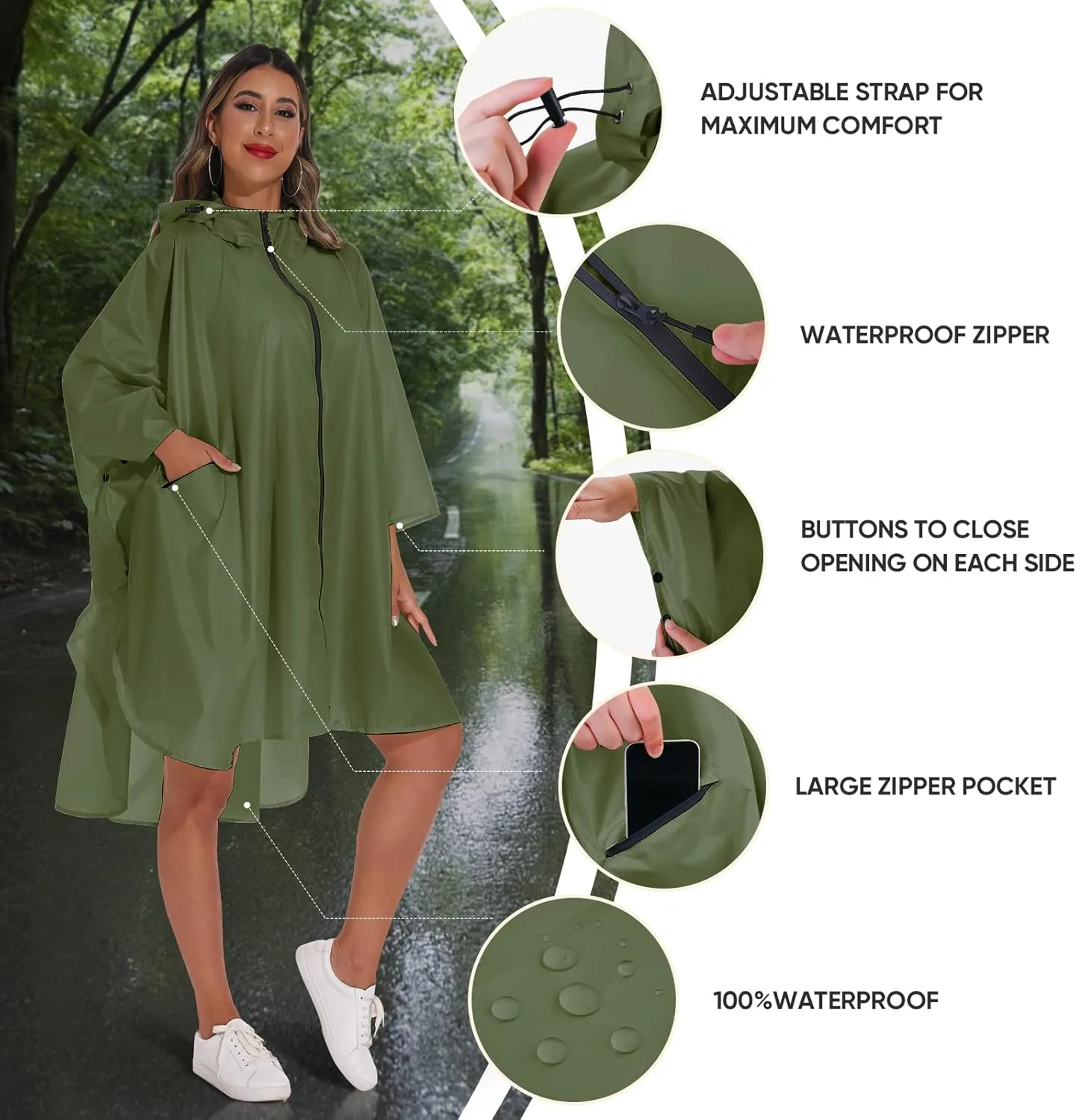 PTEROMY Hooded Rain Poncho for Adult with Pocket and Zipper, Waterproof Lightweight Raincoat for Men and Women