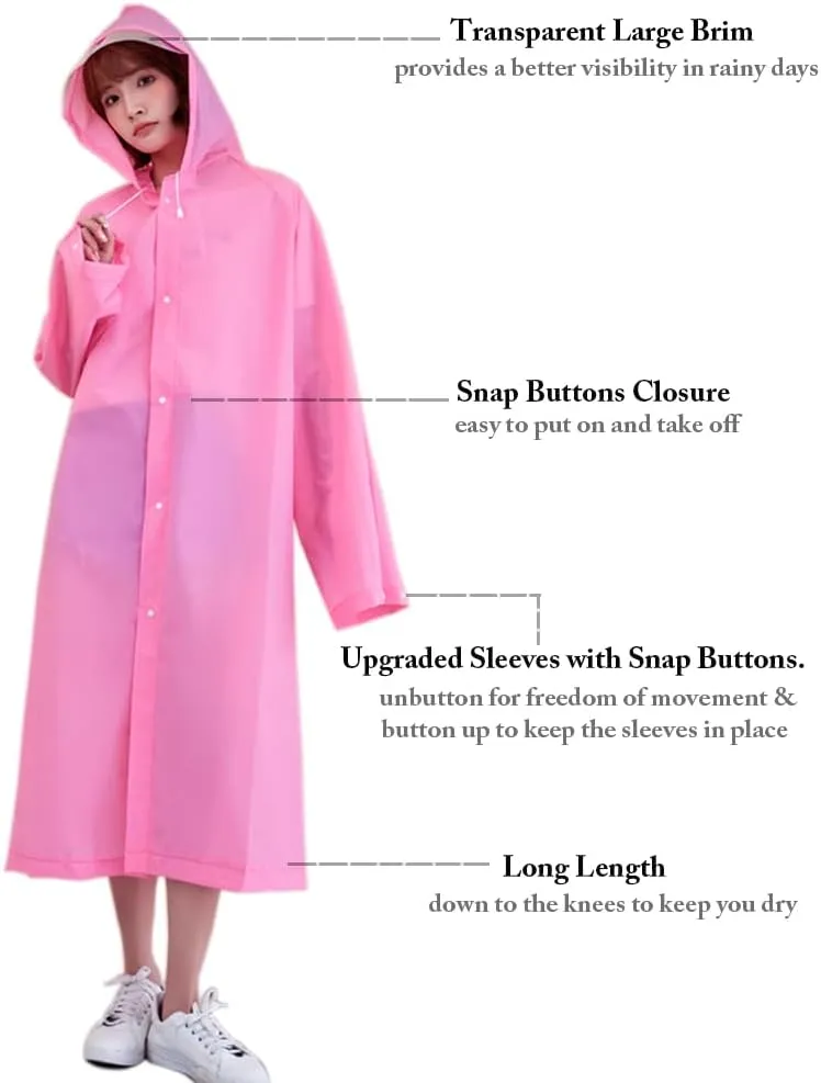Rain Ponchos for Adults, Reusable Raincoat Rain Jacket with Adjustable Sleeves and Wide Brimmed Hood