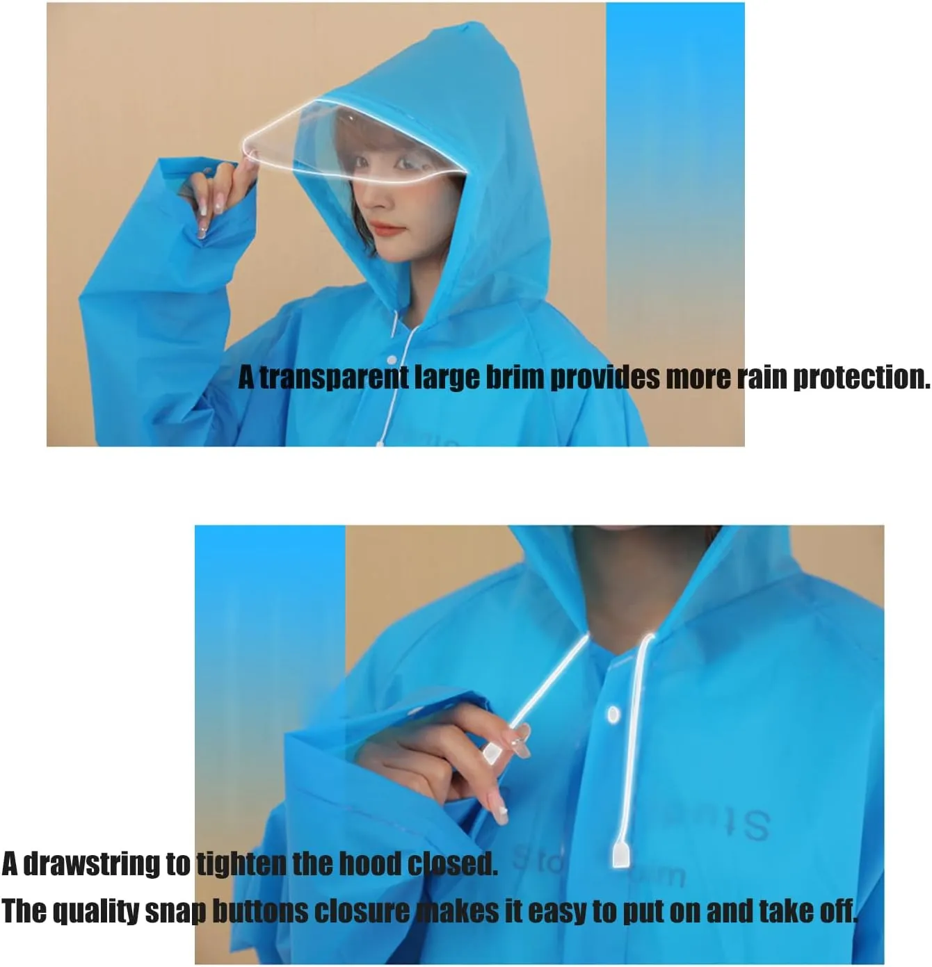 Rain Ponchos for Adults, Reusable Raincoat Rain Jacket with Adjustable Sleeves and Wide Brimmed Hood