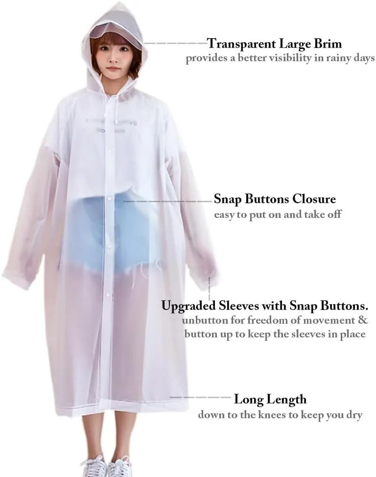 Rain Ponchos for Adults, Reusable Raincoat Rain Jacket with Adjustable Sleeves and Wide Brimmed Hood
