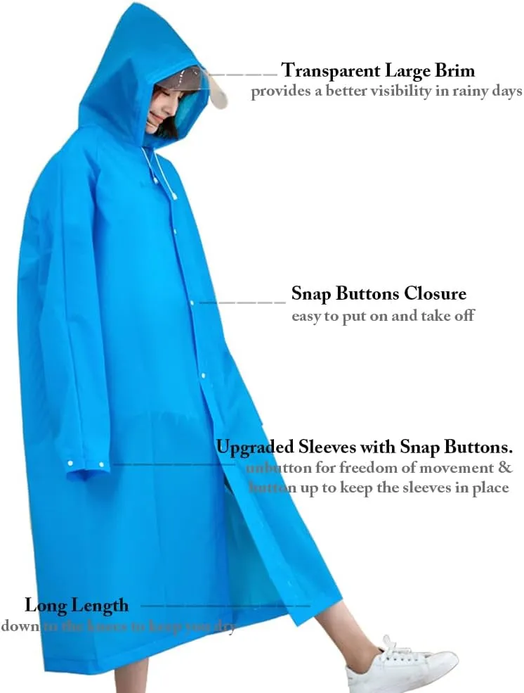 Rain Ponchos for Adults, Reusable Raincoat Rain Jacket with Adjustable Sleeves and Wide Brimmed Hood