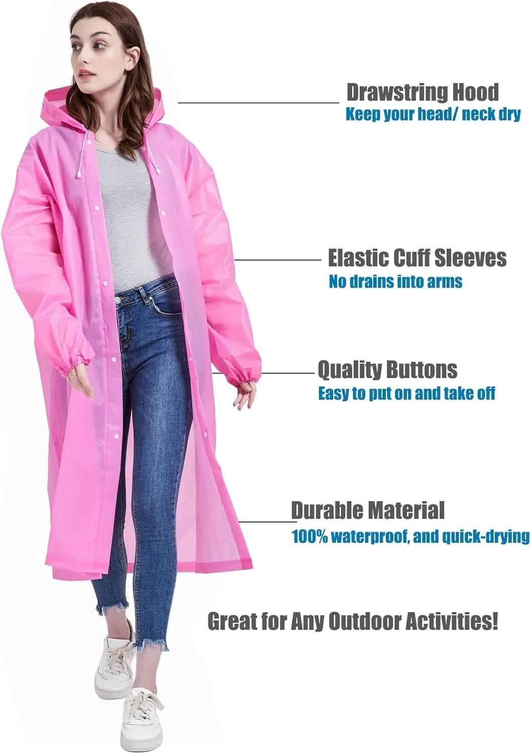 Rain Ponchos for Adults, Reusable Raincoats for Women and Men - Packable Rain Jackets with Drawstring Hood