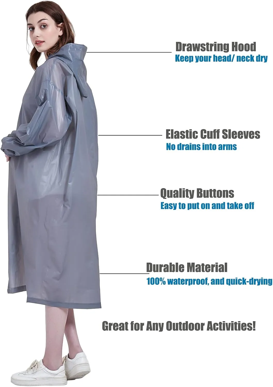 Rain Ponchos for Adults, Reusable Raincoats for Women and Men - Packable Rain Jackets with Drawstring Hood