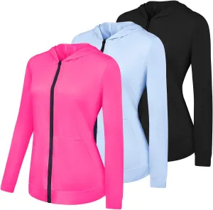 Real Essentials 3 Pack: Womens Dry-Fit Long Sleeve Quarter Zip & Full Zip Up Hoodie Workout Jacket (Available in Plus)