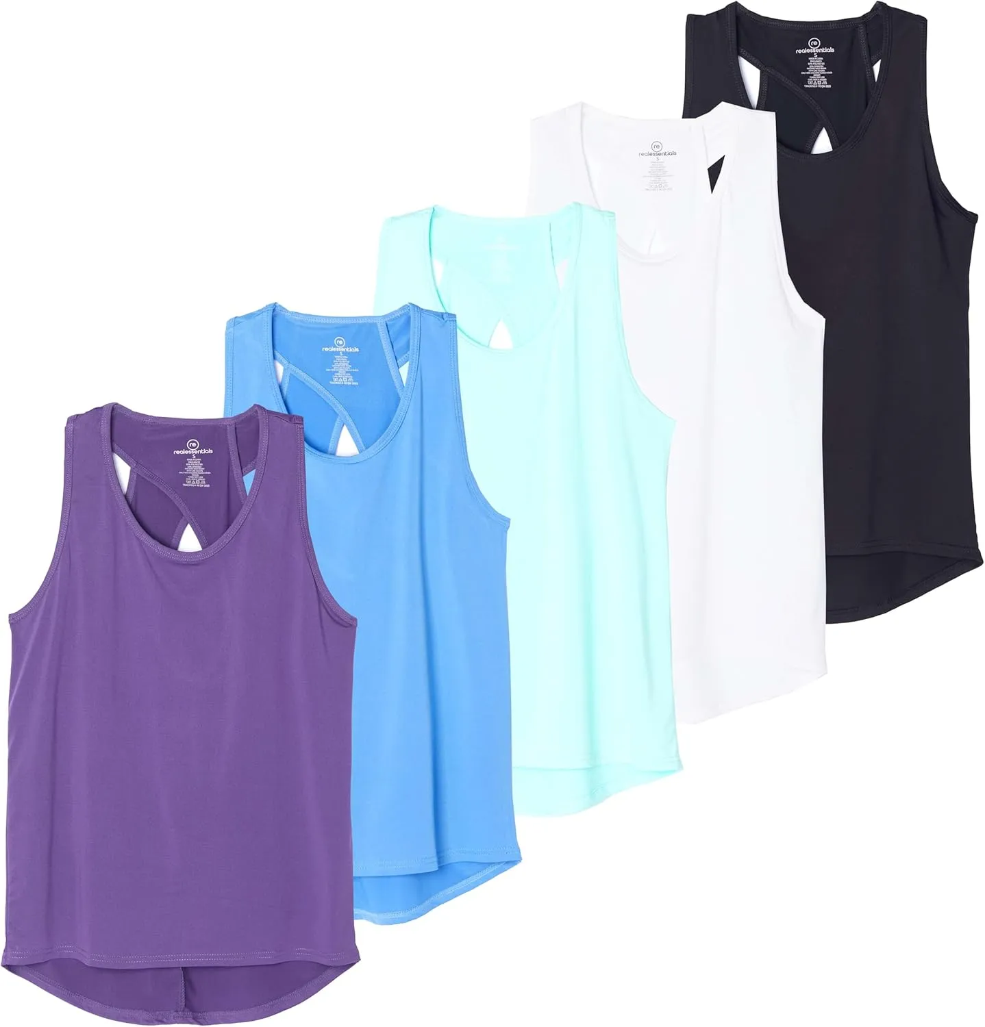 Real Essentials 5 Pack: Women's Crossback Keyhole Open Back Workout Tank Top Dry-Fit Sleeveless Yoga Gym (Available in Plus)