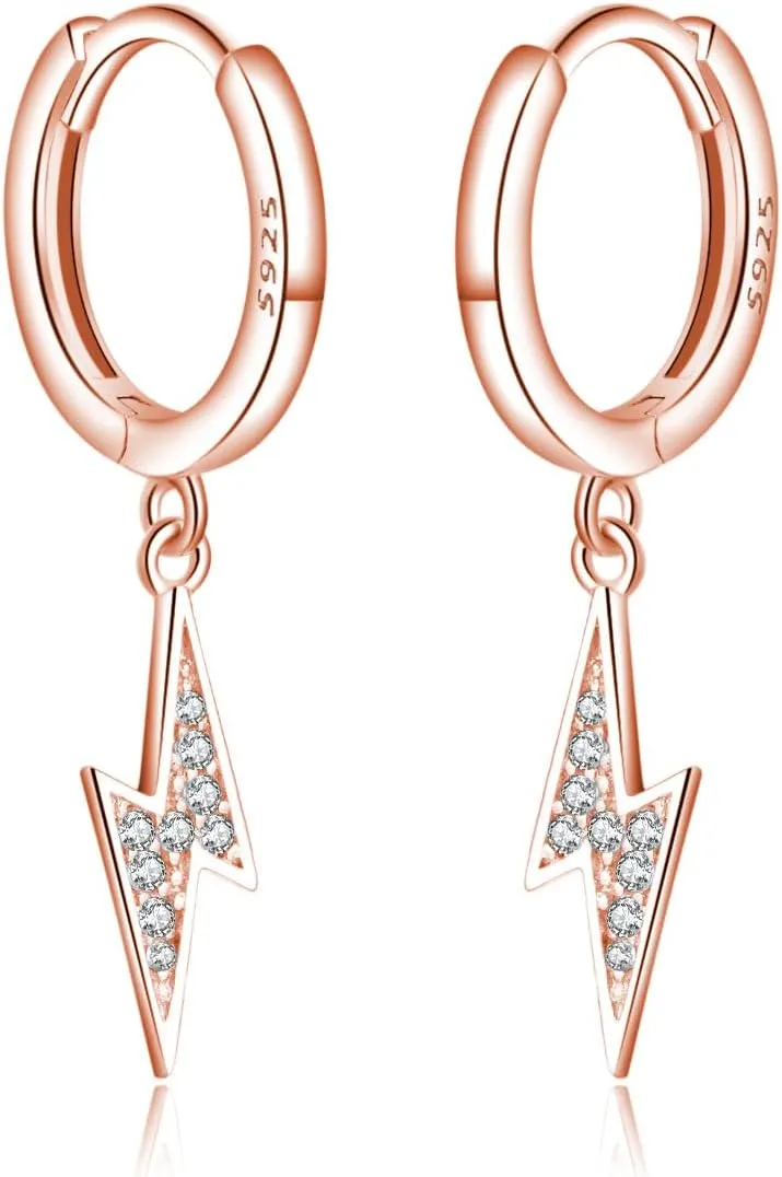 Reffeer Solid 925 Sterling Silver Lightning Bolt Drop Hoop Earrings for Women Teens CZ Lightning Bolt Hoop Earrings Huggie