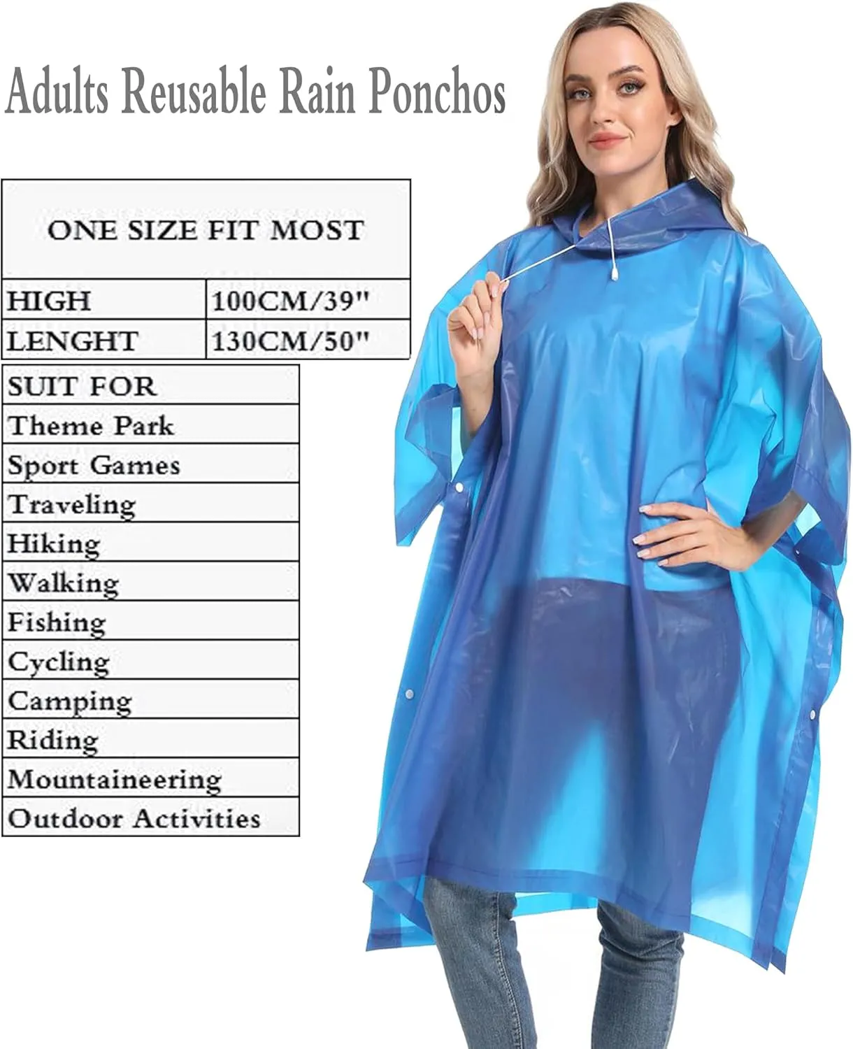 Reusable Rain Ponchos with Drawstring Hood for Adults, Waterproof Thicken Rain Coat, 2 Packs