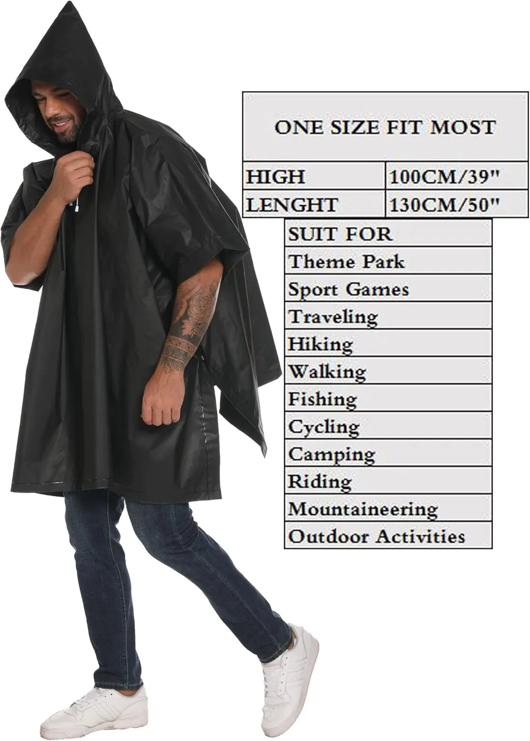 Reusable Rain Ponchos with Drawstring Hood for Adults, Waterproof Thicken Rain Coat, 2 Packs