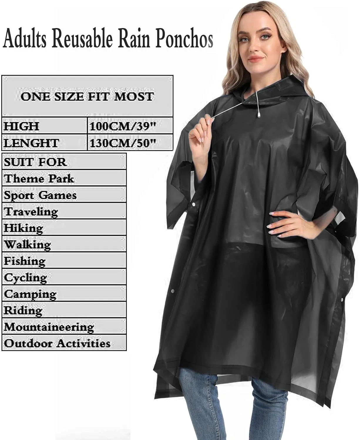 Reusable Rain Ponchos with Drawstring Hood for Adults, Waterproof Thicken Rain Coat, 2 Packs