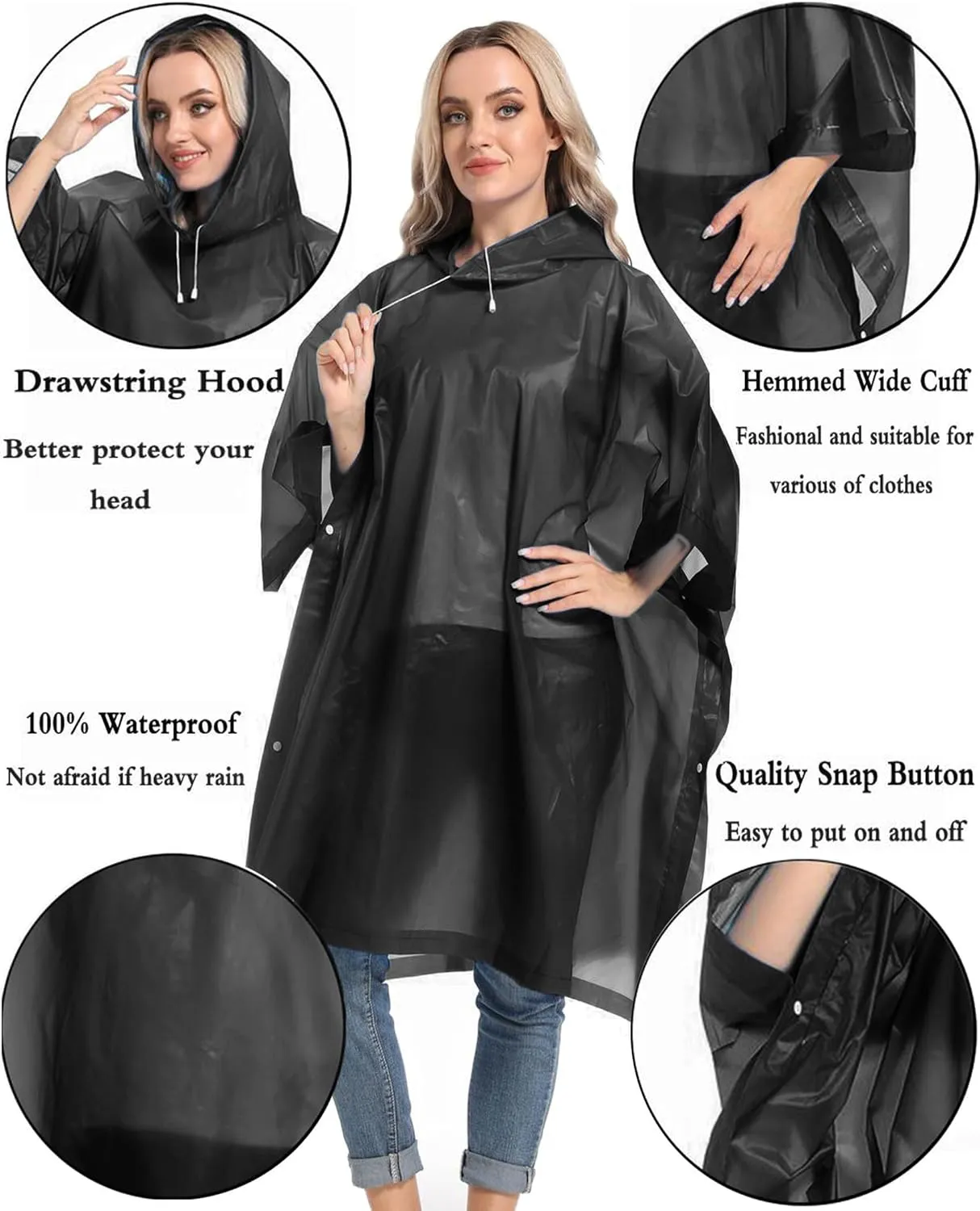 Reusable Rain Ponchos with Drawstring Hood for Adults, Waterproof Thicken Rain Coat, 2 Packs