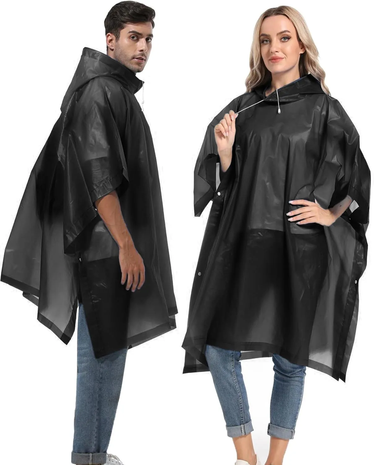 Reusable Rain Ponchos with Drawstring Hood for Adults, Waterproof Thicken Rain Coat, 2 Packs