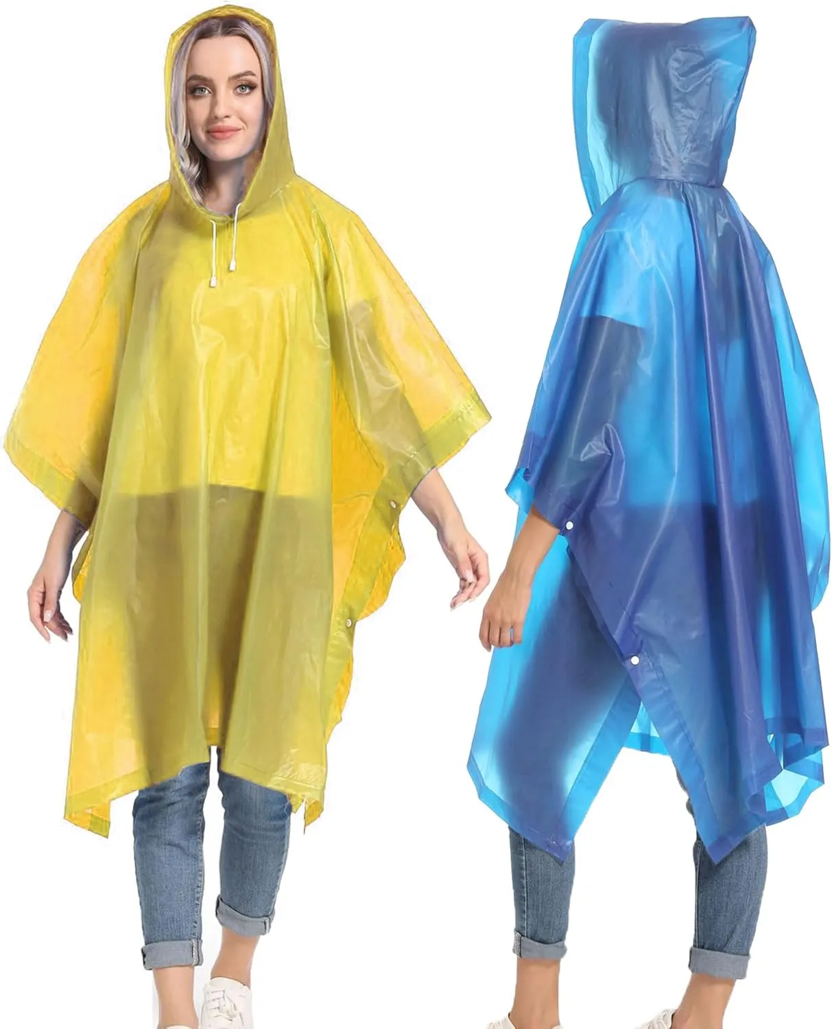 Reusable Rain Ponchos with Drawstring Hood for Adults, Waterproof Thicken Rain Coat, 2 Packs