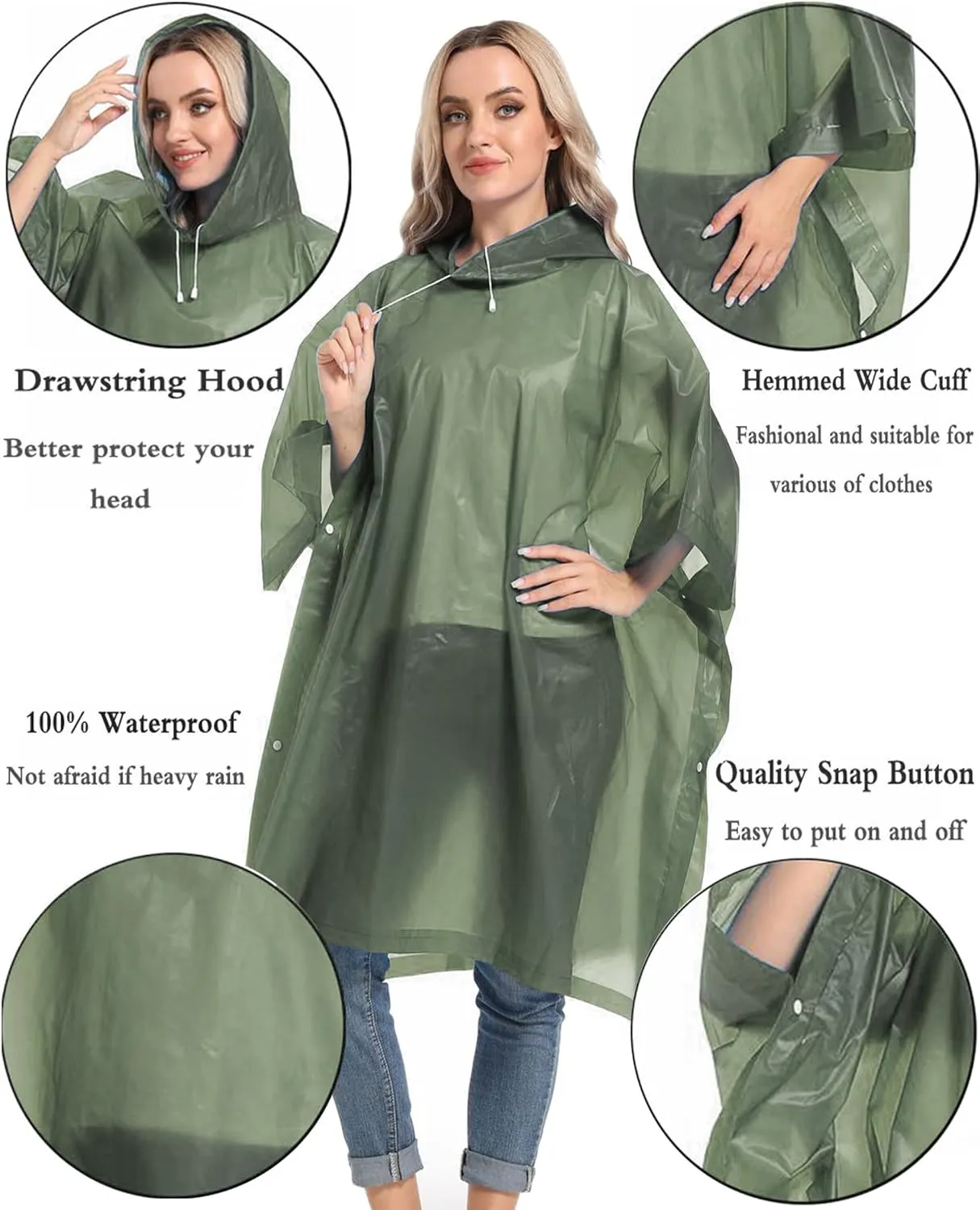 Reusable Rain Ponchos with Drawstring Hood for Adults, Waterproof Thicken Rain Coat, 2 Packs