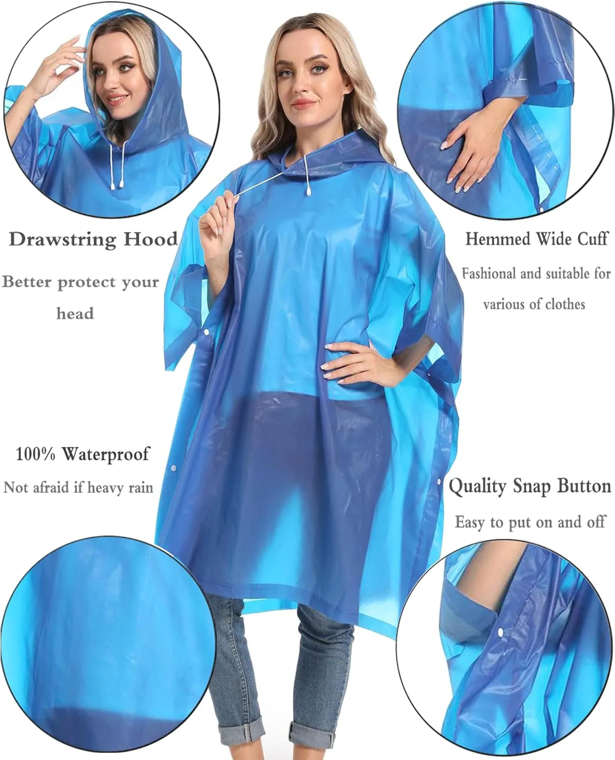 Reusable Rain Ponchos with Drawstring Hood for Adults, Waterproof Thicken Rain Coat, 2 Packs