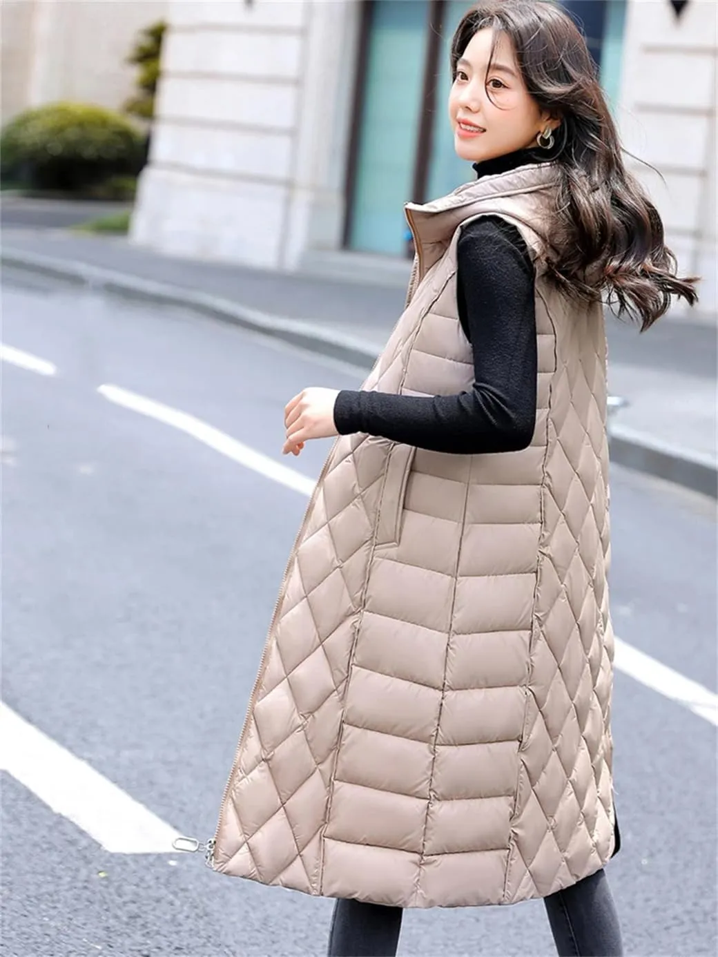 Rfmfkkg Women Long Solid Loose Vest Hooded Female Zipper Jacket Cotton Padded Warm Waistcoat