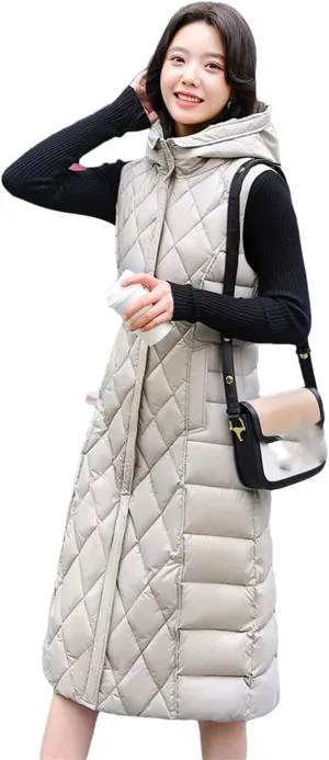 Rfmfkkg Women Long Solid Loose Vest Hooded Female Zipper Jacket Cotton Padded Warm Waistcoat