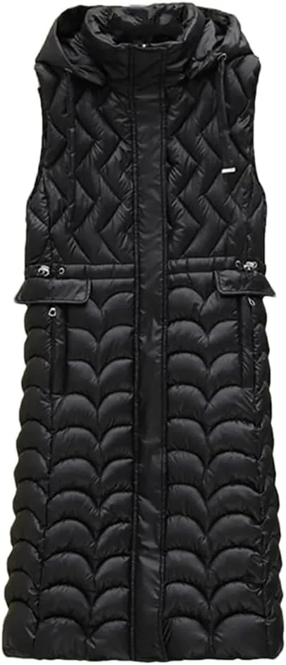 Rfmfkkg Women'S Long Solid Color Sleeveless Vest Puffer Jacket Cotton Padded Hooded Vest Coat