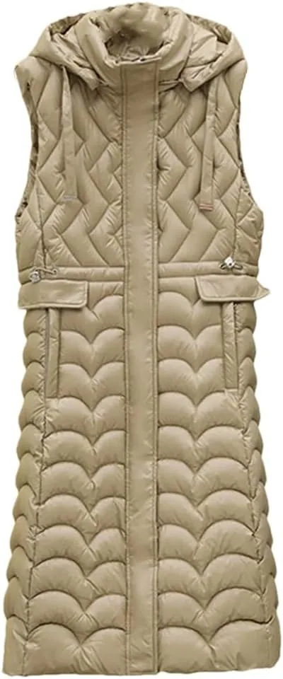 Rfmfkkg Women'S Long Solid Color Sleeveless Vest Puffer Jacket Cotton Padded Hooded Vest Coat