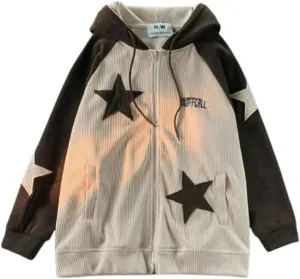 RICHTRUE Zip Up Hoodie Y2k Oversized Star Graphic Hoodies Emo Vintage 2000s Grunge Corduroy Jackets Streetwear