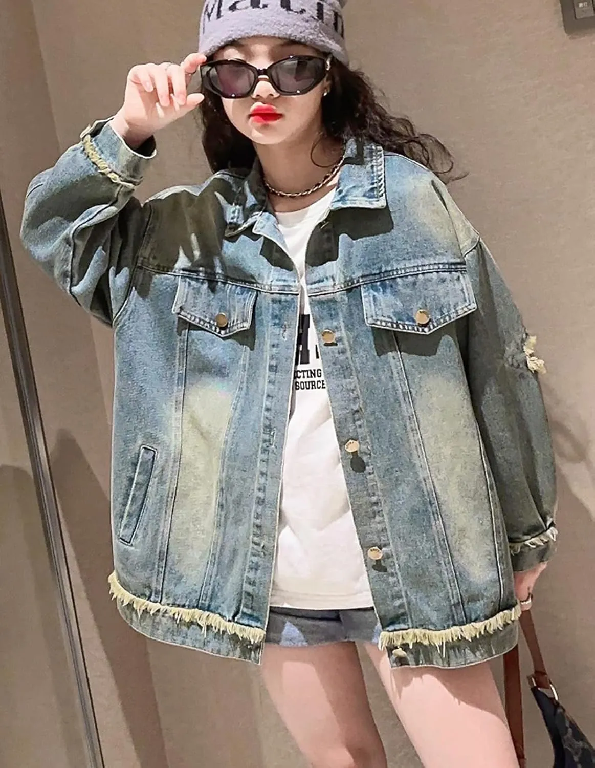 Rolanko Girls Denim Jackets, Basic Oversized Jean Jacket for Girls Fall Outwear Button Down Trucker Jacket 5-14 Years