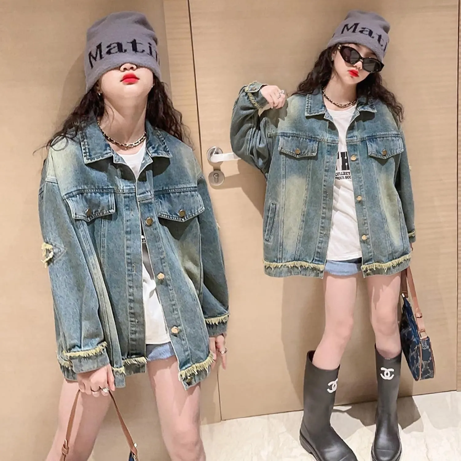Rolanko Girls Denim Jackets, Basic Oversized Jean Jacket for Girls Fall Outwear Button Down Trucker Jacket 5-14 Years