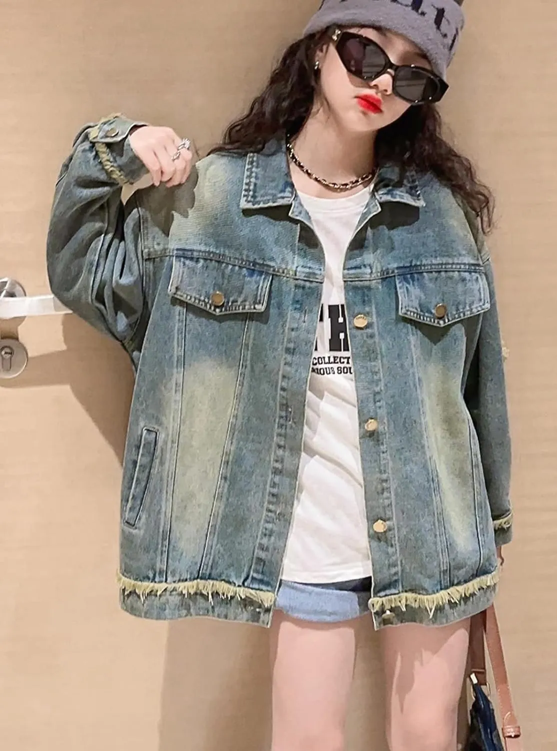Rolanko Girls Denim Jackets, Basic Oversized Jean Jacket for Girls Fall Outwear Button Down Trucker Jacket 5-14 Years