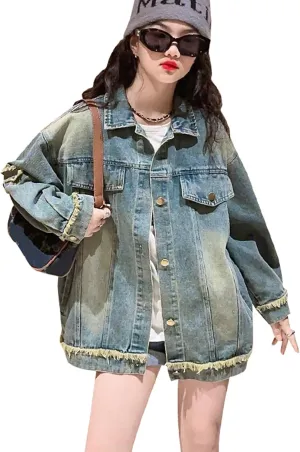 Rolanko Girls Denim Jackets, Basic Oversized Jean Jacket for Girls Fall Outwear Button Down Trucker Jacket 5-14 Years