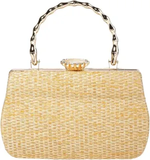 Rungion Womens Straw Clutch Purse Wicker Woven Evening Handbag Chain Party Wedding Summer Beach Crossbody Shoulder Bag