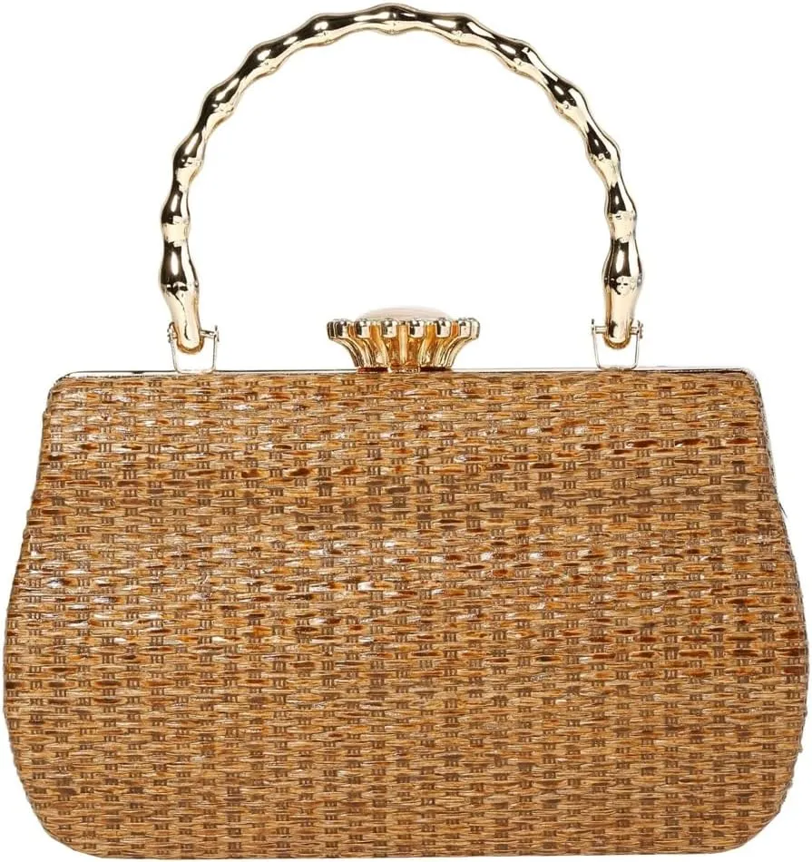 Rungion Womens Straw Clutch Purse Wicker Woven Evening Handbag Chain Party Wedding Summer Beach Crossbody Shoulder Bag
